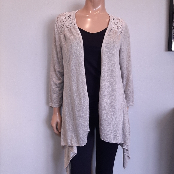 ELENA BALDI Floral Lace Open Front Cardigan Long Sleeve Hankerchief Hem Taupe - Picture 2 of 12